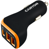 CANYON C-08, Universal 3xUSB car adapter, Input 12V-24V, Output DC USB-A 5V/2.4A(Max) + Type-C PD 18W, with Smart IC, Black+Orange with rubber coating, 71*39*26.2mm, 0.028kg
