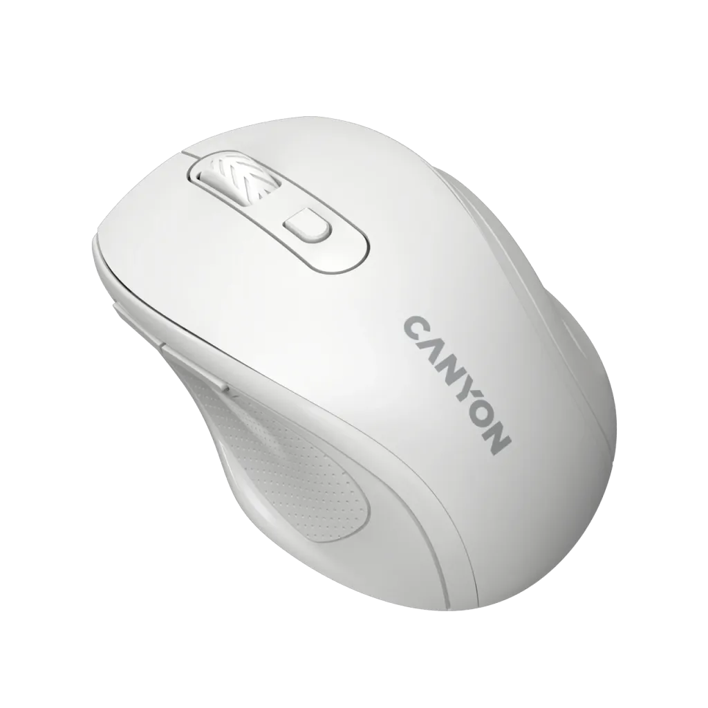Canyon 6 buttons wireless 2.4Ghz mouse, MX8650A Sensor, DPI up to 1600,Injection case, 3 M life times left and right switches, 2xAAA battery, ABS material, Size: 105x71x40mm, Weight: 59g, white