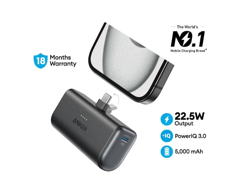 ANKER Nano 5000mAh, 22.5W, sa ugrađenim USB-C konektorom, Power Bank crni